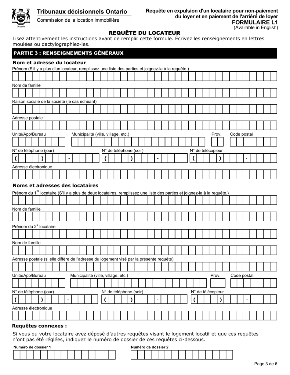 Forme L1 Requete En Expulsion Dun Locataire Pour Non-paiement Du Loyer Et En Paiement De Larriere De Loyer - Ontario, Canada (French), Page 5