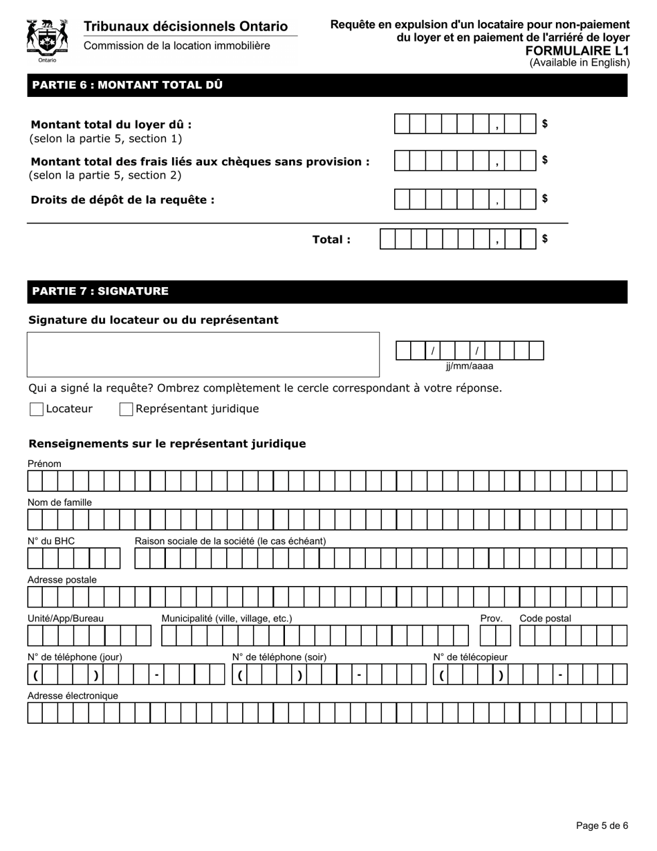 Forme L1 Requete En Expulsion Dun Locataire Pour Non-paiement Du Loyer Et En Paiement De Larriere De Loyer - Ontario, Canada (French), Page 7