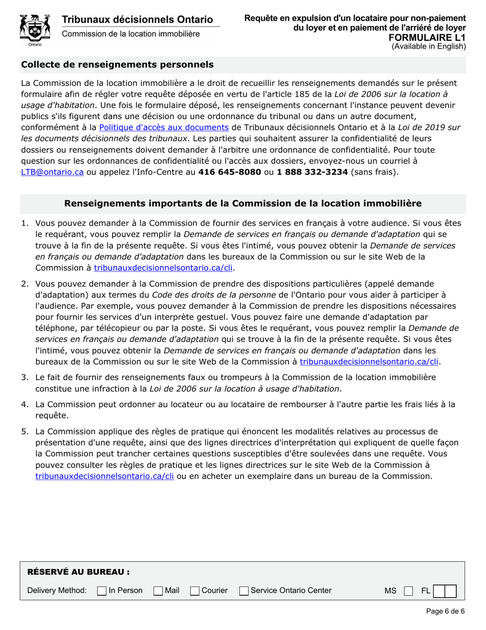 Forme L1 Requete En Expulsion Dun Locataire Pour Non-paiement Du Loyer Et En Paiement De Larriere De Loyer - Ontario, Canada (French), Page 8