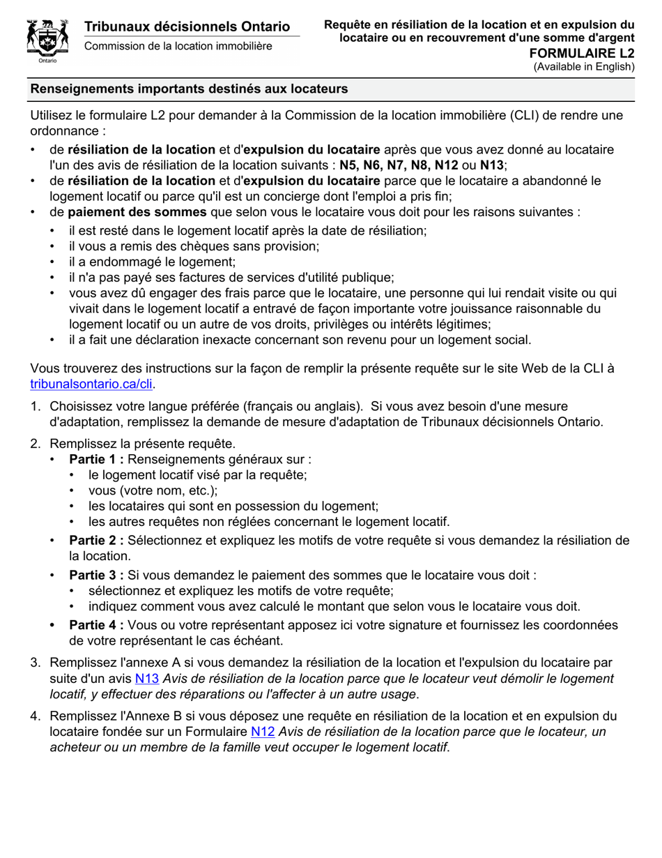 Forme L2 Requete En Resiliation De La Location Et En Expulsion Du Locataire Ou En Recouvrement Dune Somme Dargent - Ontario, Canada (French), Page 1