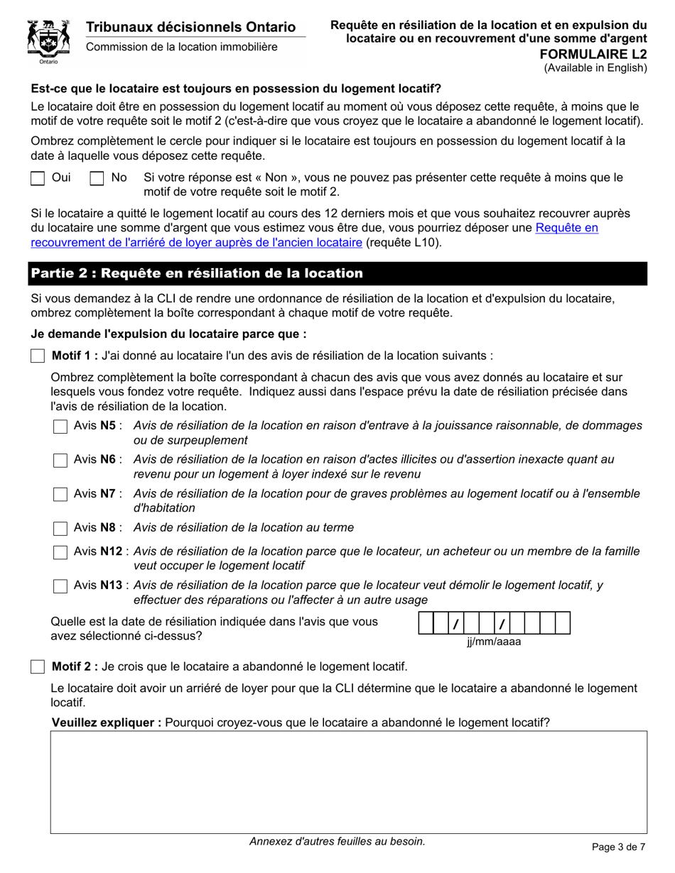 Forme L2 Requete En Resiliation De La Location Et En Expulsion Du Locataire Ou En Recouvrement Dune Somme Dargent - Ontario, Canada (French), Page 5