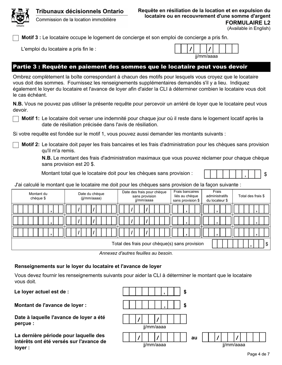 Forme L2 Requete En Resiliation De La Location Et En Expulsion Du Locataire Ou En Recouvrement Dune Somme Dargent - Ontario, Canada (French), Page 6