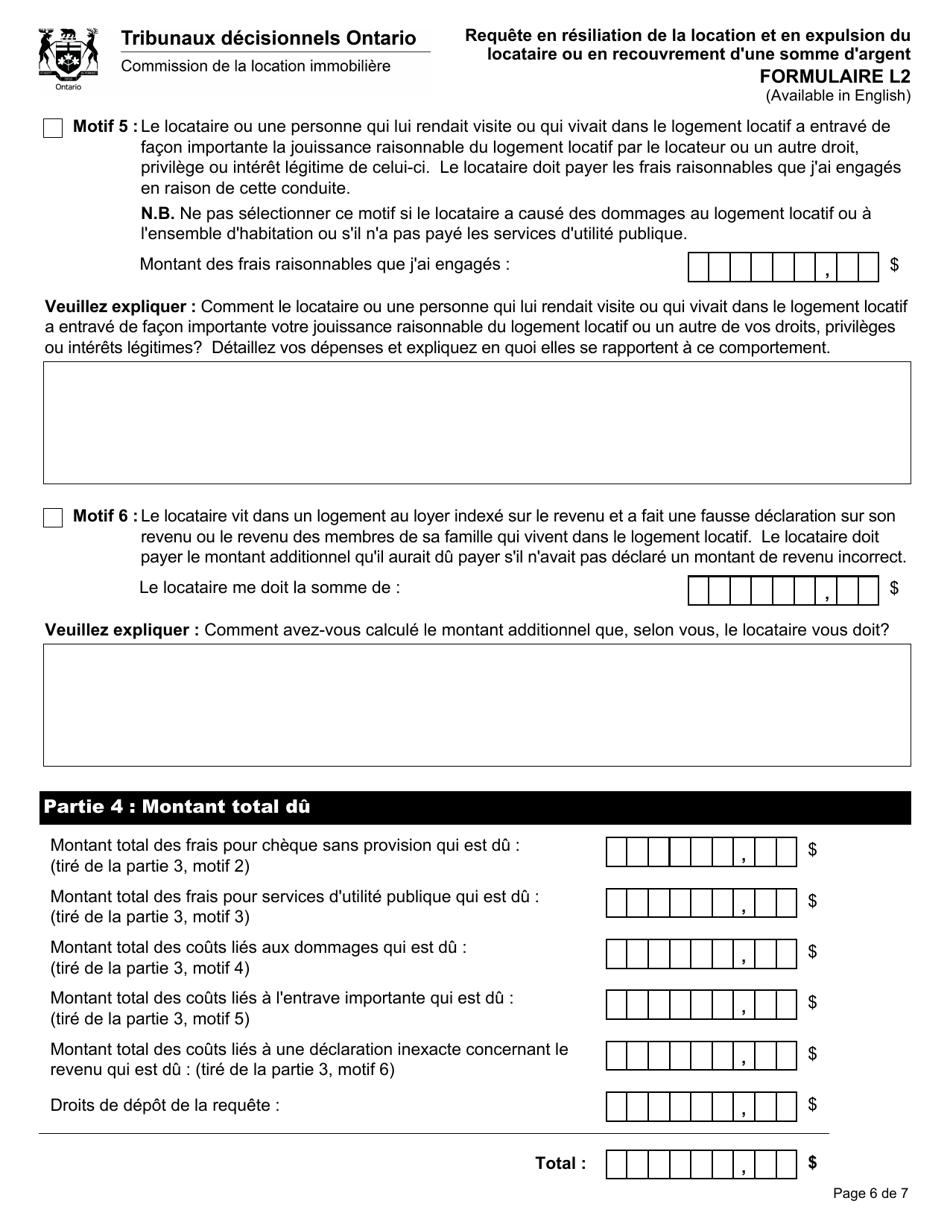 Forme L2 Requete En Resiliation De La Location Et En Expulsion Du Locataire Ou En Recouvrement Dune Somme Dargent - Ontario, Canada (French), Page 8