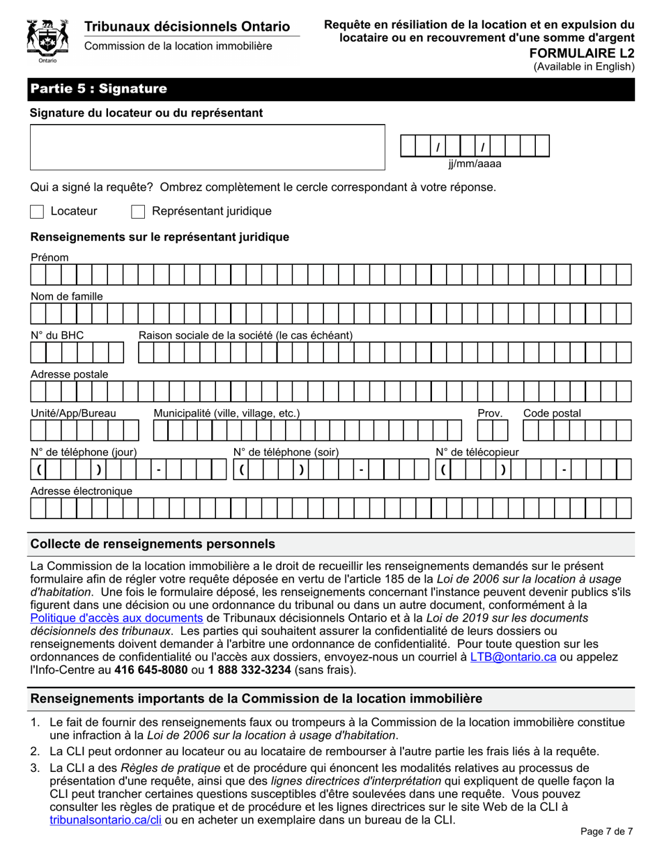 Forme L2 Requete En Resiliation De La Location Et En Expulsion Du Locataire Ou En Recouvrement Dune Somme Dargent - Ontario, Canada (French), Page 9