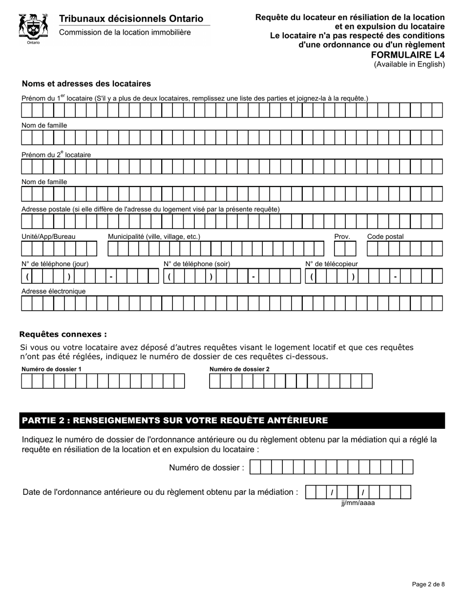 Forme L4 Requete Du Locateur En Resiliation De La Location Et En Expulsion Du Locataire Le Locataire Na Pas Respecte DES Conditions Dune Ordonnance Ou Dun Reglement - Ontario, Canada (French), Page 3