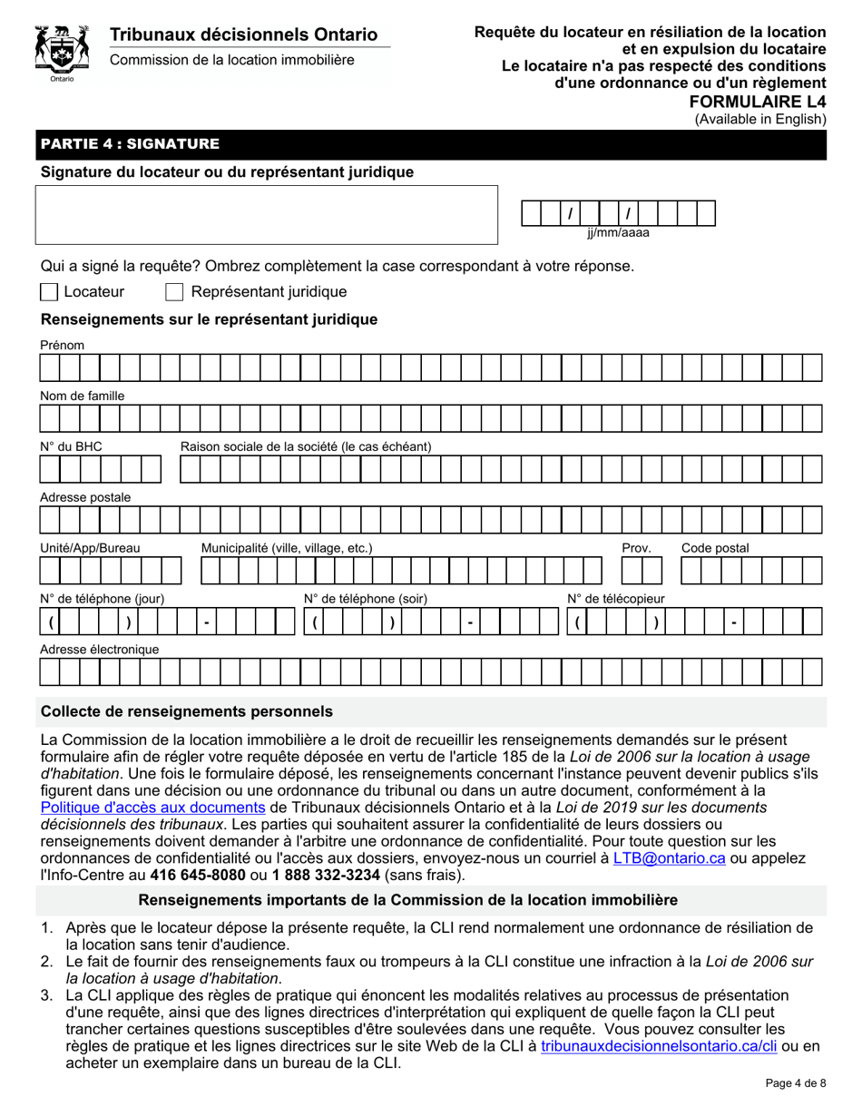 Forme L4 Requete Du Locateur En Resiliation De La Location Et En Expulsion Du Locataire Le Locataire Na Pas Respecte DES Conditions Dune Ordonnance Ou Dun Reglement - Ontario, Canada (French), Page 5