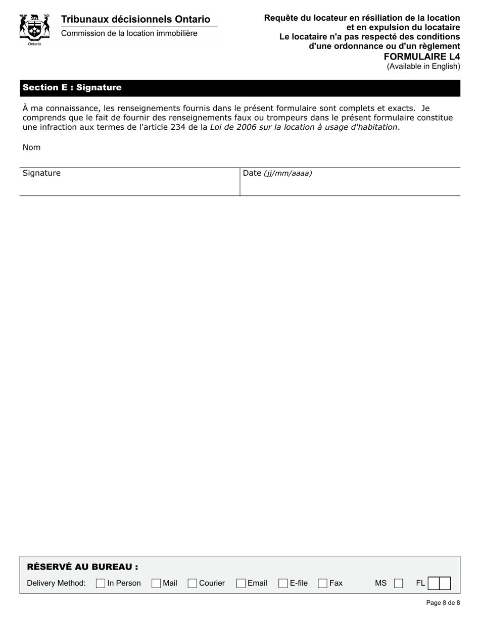 Forme L4 Requete Du Locateur En Resiliation De La Location Et En Expulsion Du Locataire Le Locataire Na Pas Respecte DES Conditions Dune Ordonnance Ou Dun Reglement - Ontario, Canada (French), Page 9