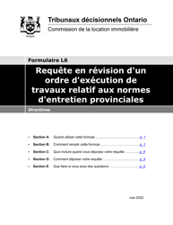Document preview: Instruction pour Forme L6 Requete En Revision D'un Ordre D'execution De Travaux Relatif Aux Normes D'entretien Provinciales - Ontario, Canada (French)