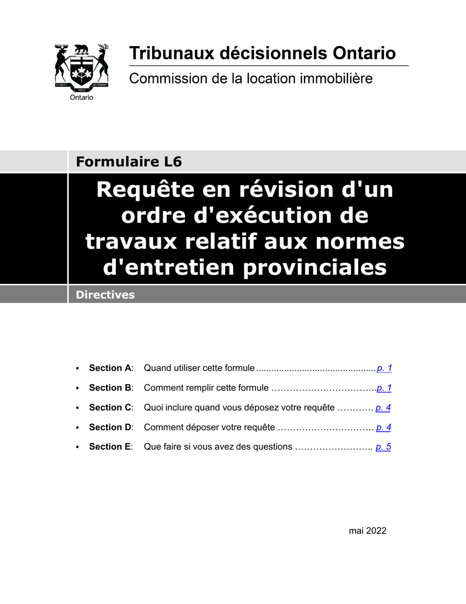 Instruction pour Forme L6 Requete En Revision Dun Ordre Dexecution De Travaux Relatif Aux Normes Dentretien Provinciales - Ontario, Canada (French), Page 1