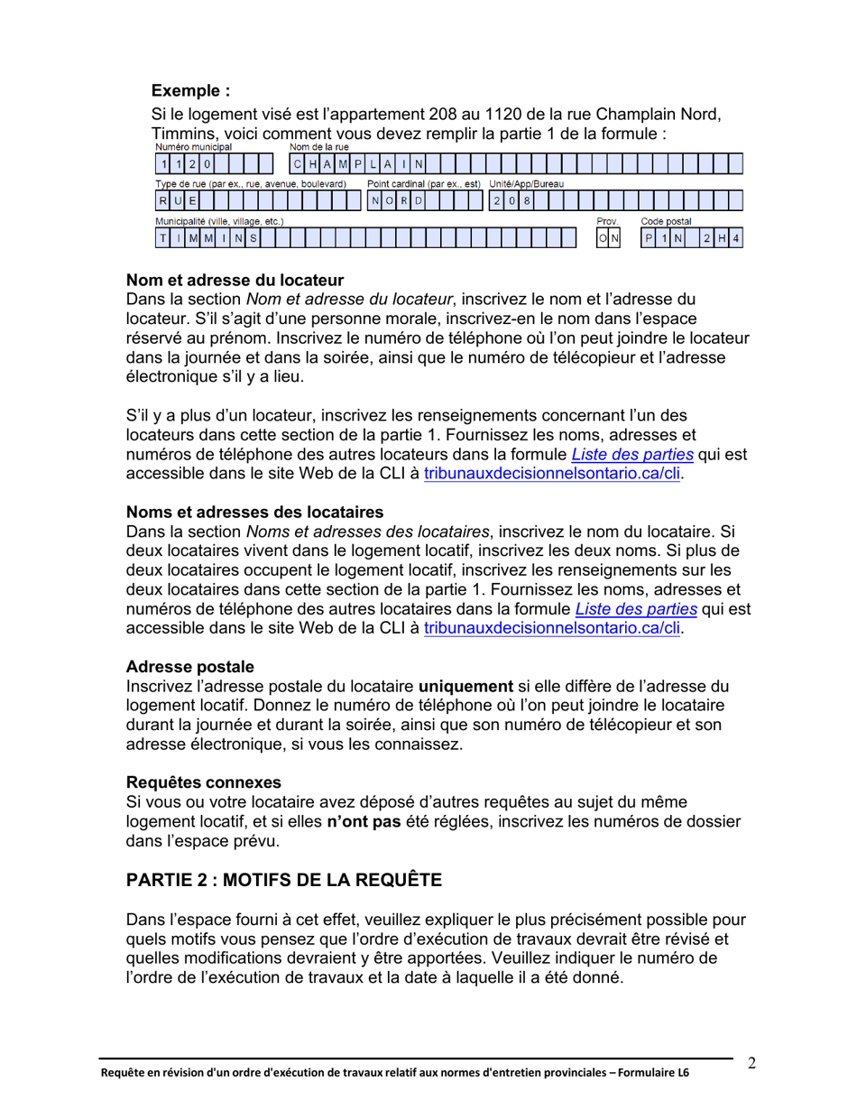 Instruction pour Forme L6 Requete En Revision Dun Ordre Dexecution De Travaux Relatif Aux Normes Dentretien Provinciales - Ontario, Canada (French), Page 3
