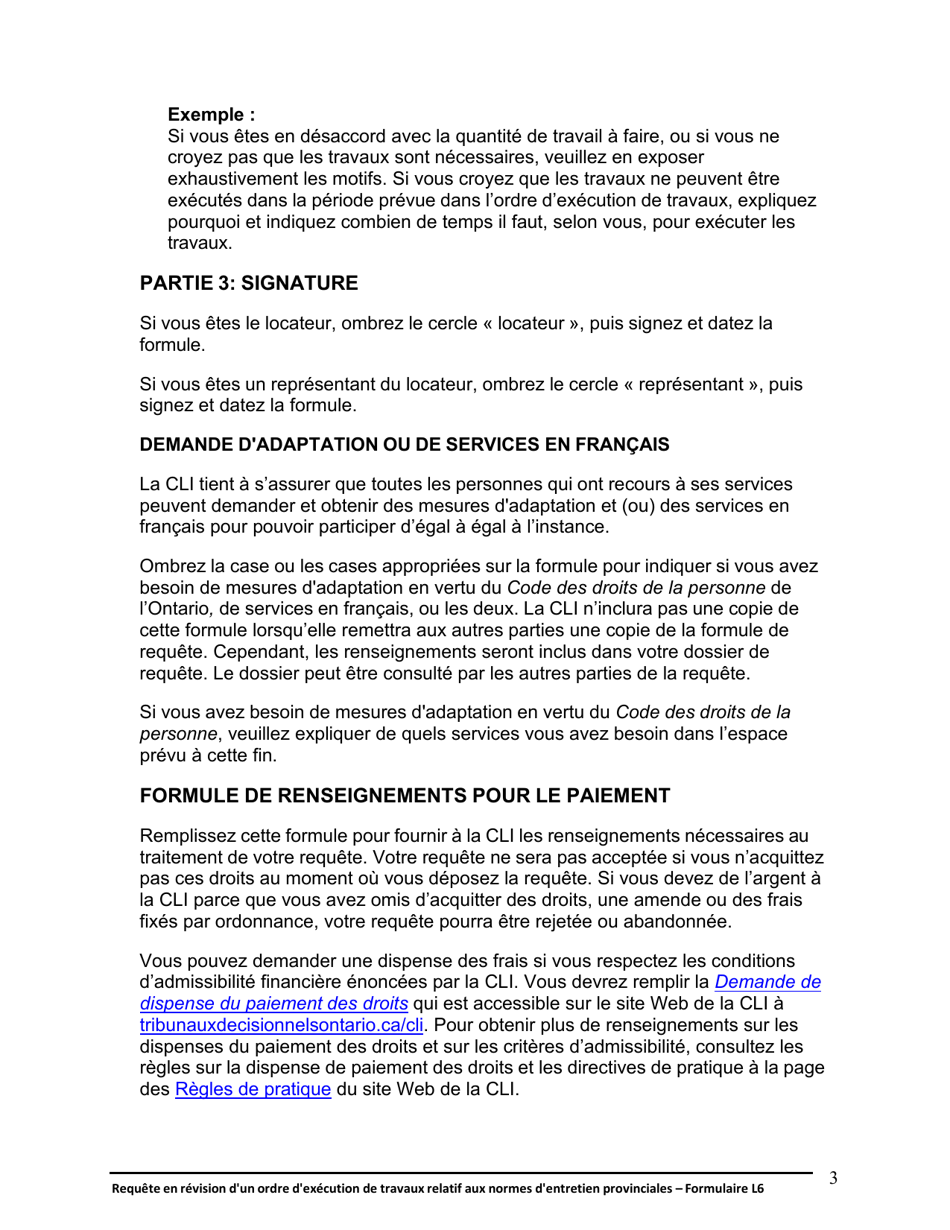 Instruction pour Forme L6 Requete En Revision Dun Ordre Dexecution De Travaux Relatif Aux Normes Dentretien Provinciales - Ontario, Canada (French), Page 4