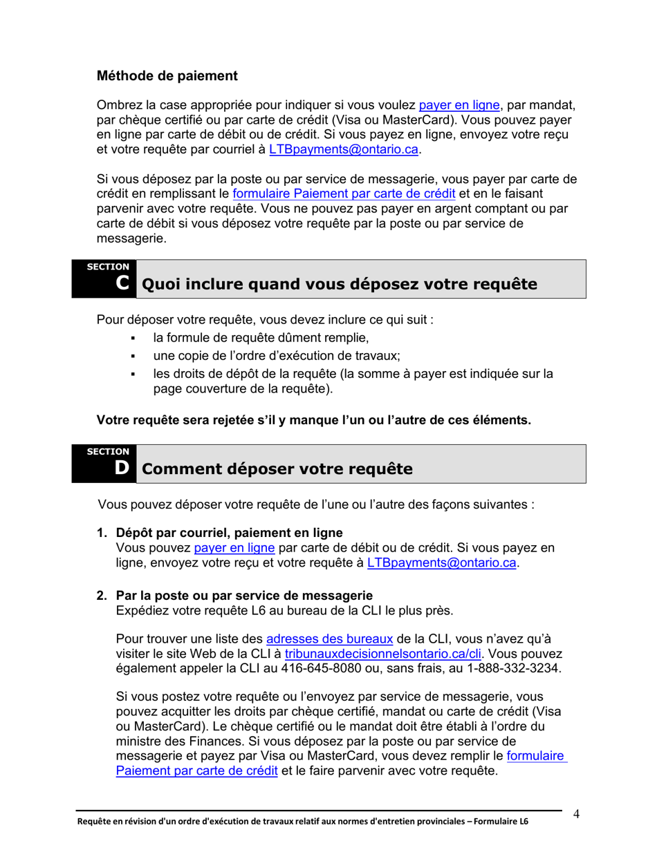 Instruction pour Forme L6 Requete En Revision Dun Ordre Dexecution De Travaux Relatif Aux Normes Dentretien Provinciales - Ontario, Canada (French), Page 5