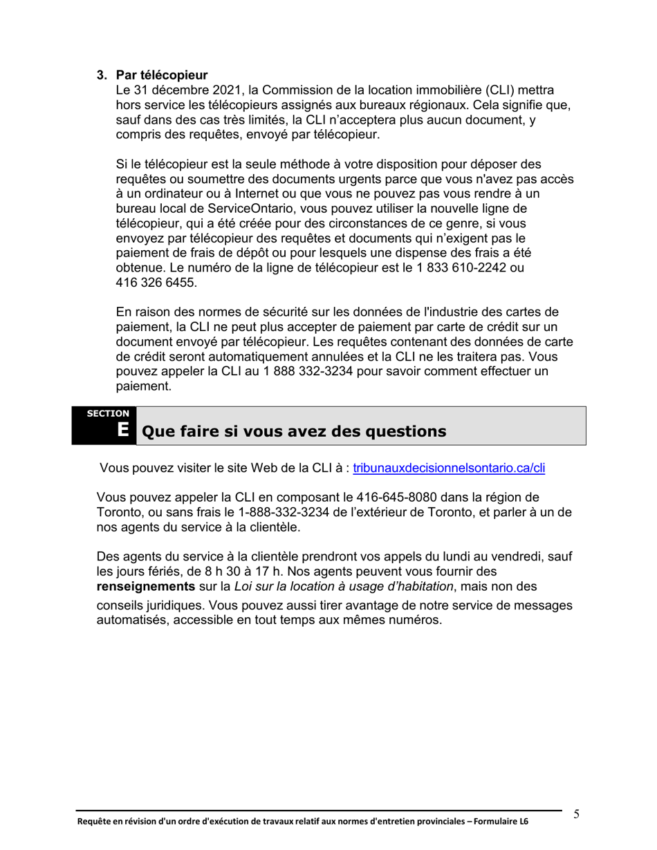 Instruction pour Forme L6 Requete En Revision Dun Ordre Dexecution De Travaux Relatif Aux Normes Dentretien Provinciales - Ontario, Canada (French), Page 6
