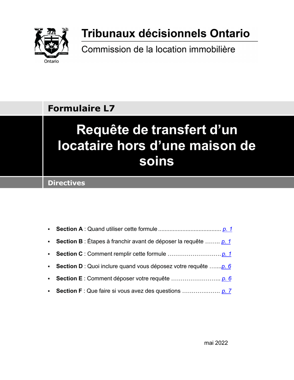 Instruction pour Forme L7 Requete De Transfert Dun Locataire Hors Dune Maison De Soins - Ontario, Canada (French), Page 1
