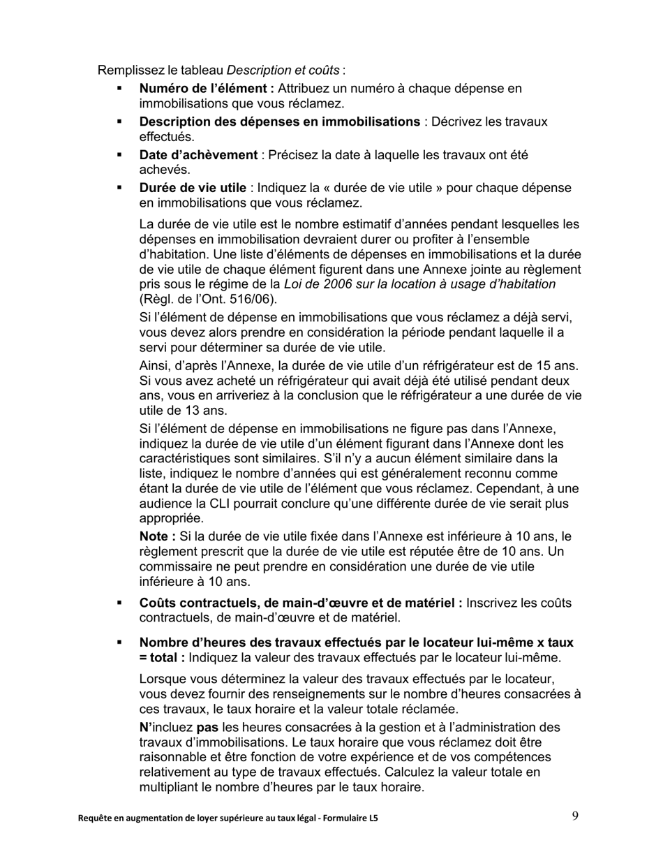 Instruction pour Forme L5 Requete En Augmentation De Loyer Superieure Au Taux Legal - Ontario, Canada (French), Page 10