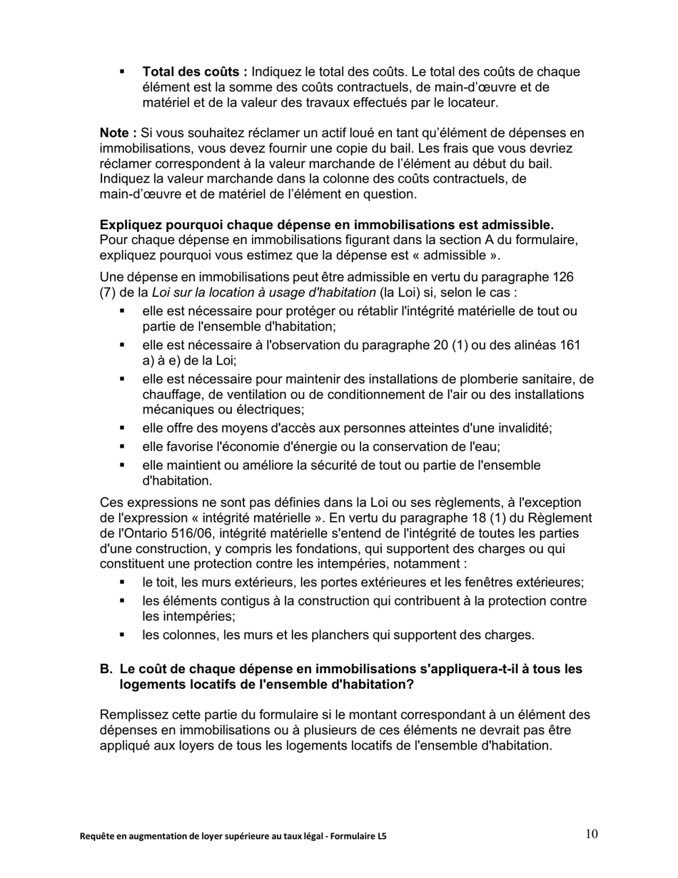 Instruction pour Forme L5 Requete En Augmentation De Loyer Superieure Au Taux Legal - Ontario, Canada (French), Page 11