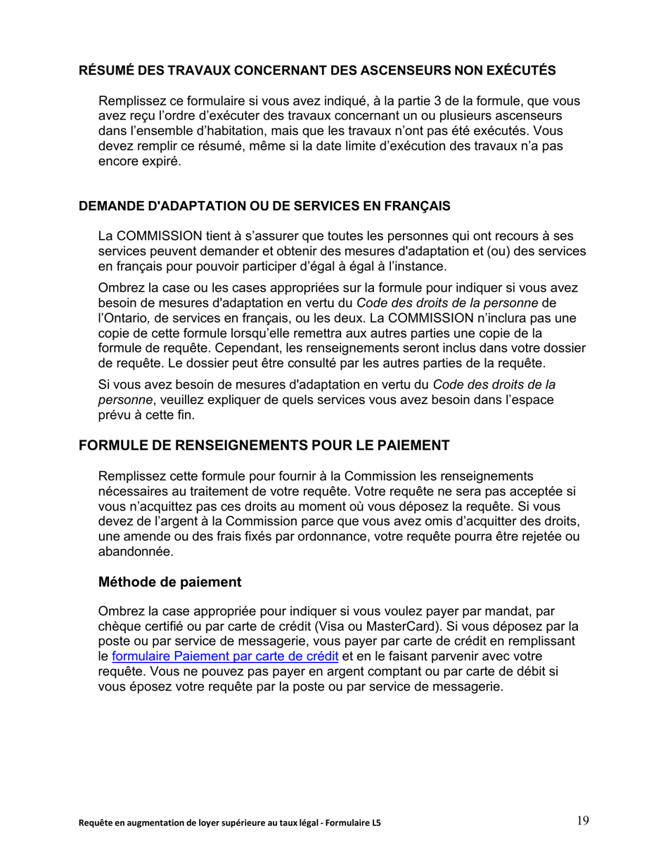 Instruction pour Forme L5 Requete En Augmentation De Loyer Superieure Au Taux Legal - Ontario, Canada (French), Page 20
