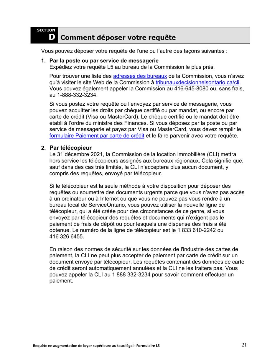 Instruction pour Forme L5 Requete En Augmentation De Loyer Superieure Au Taux Legal - Ontario, Canada (French), Page 22