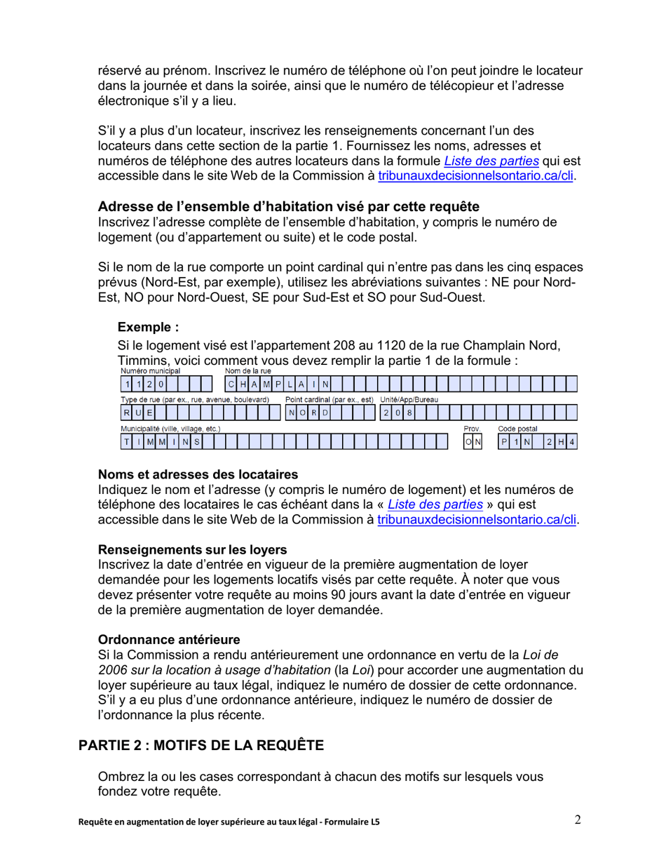 Instruction pour Forme L5 Requete En Augmentation De Loyer Superieure Au Taux Legal - Ontario, Canada (French), Page 3