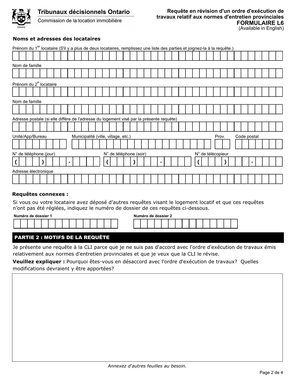 Forme L6 Requete En Revision Dun Ordre Dexecution De Travaux Relatif Aux Normes Dentretien Provinciales - Ontario, Canada (French), Page 3