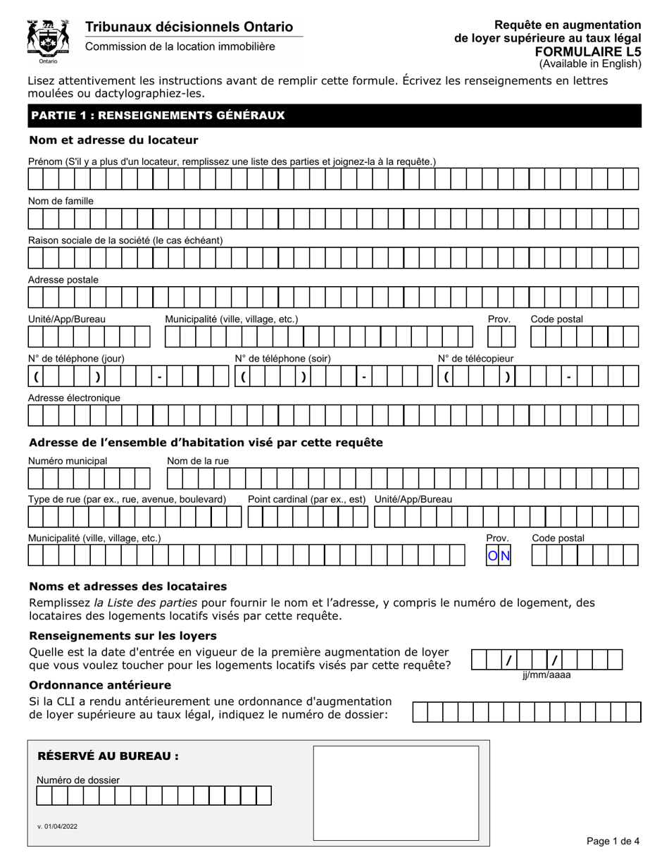 Forme L5 Requete En Augmentation De Loyer Superieure Au Taux Legal - Ontario, Canada (French), Page 2