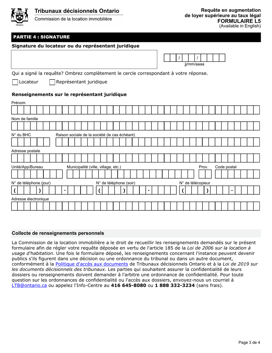 Forme L5 Requete En Augmentation De Loyer Superieure Au Taux Legal - Ontario, Canada (French), Page 4
