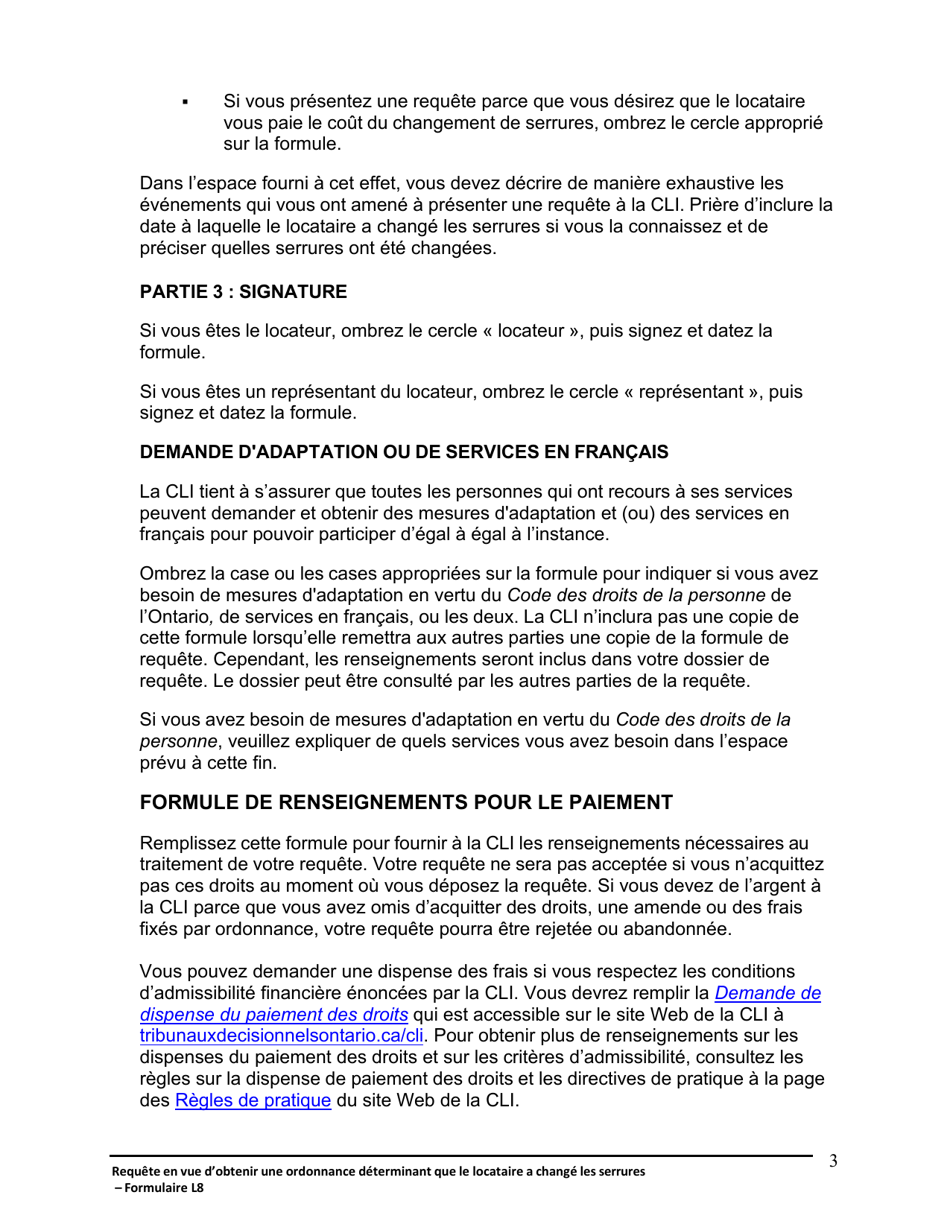 Instruction pour Forme L8 Requete Du Locateur Parce Que Le Locataire a Change Les Serrures - Ontario, Canada (French), Page 4