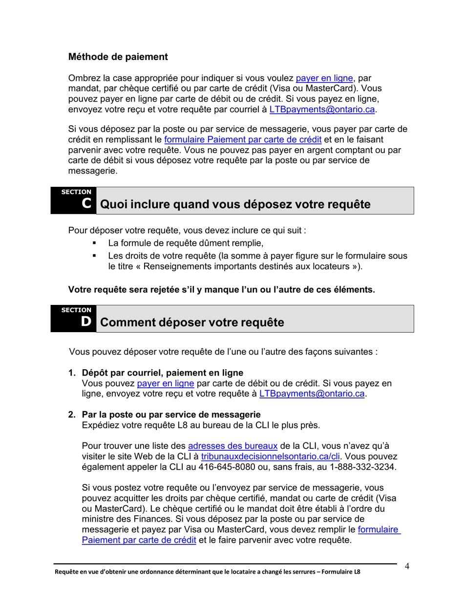 Instruction pour Forme L8 Requete Du Locateur Parce Que Le Locataire a Change Les Serrures - Ontario, Canada (French), Page 5