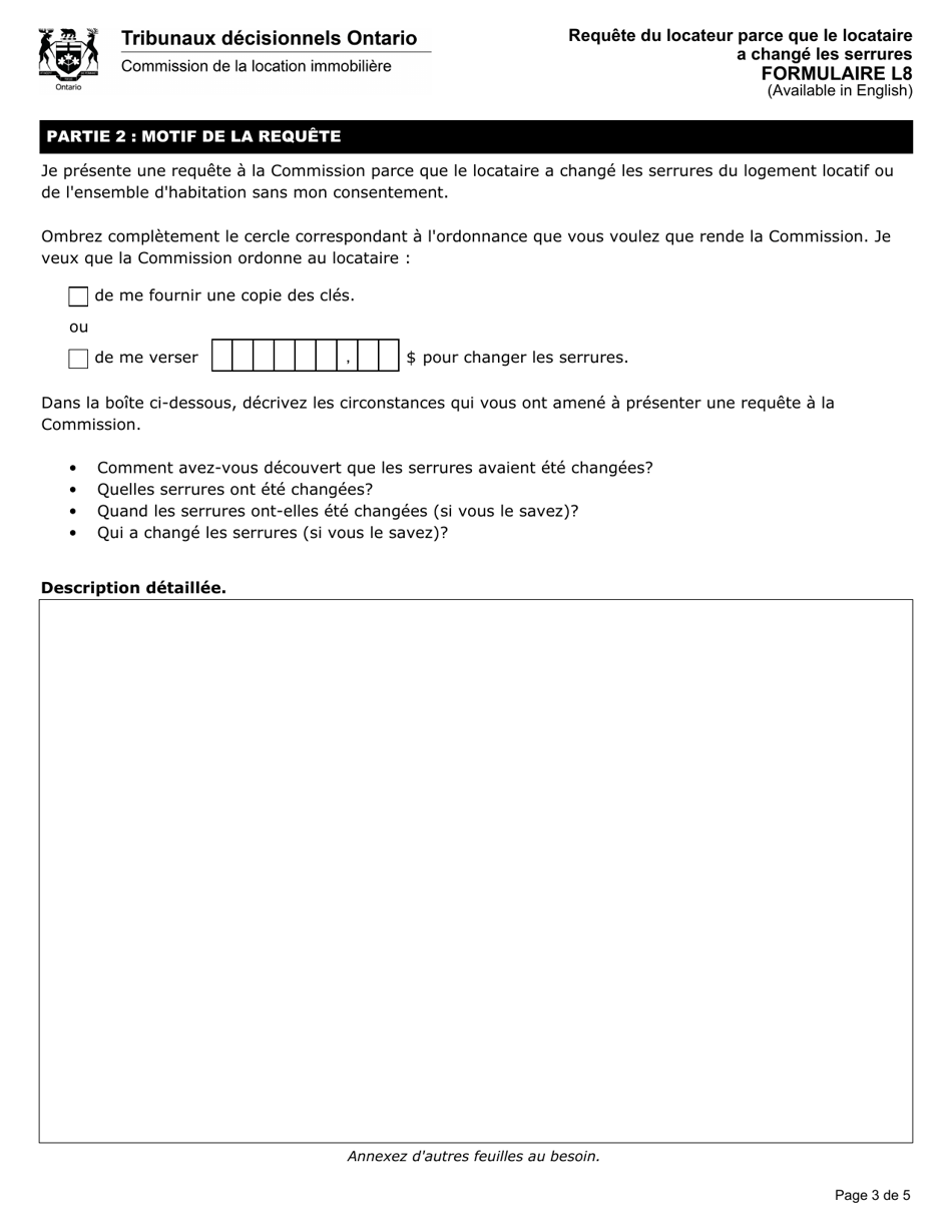 Forme L8 Requete Du Locateur Parce Que Le Locataire a Change Les Serrures - Ontario, Canada (French), Page 4