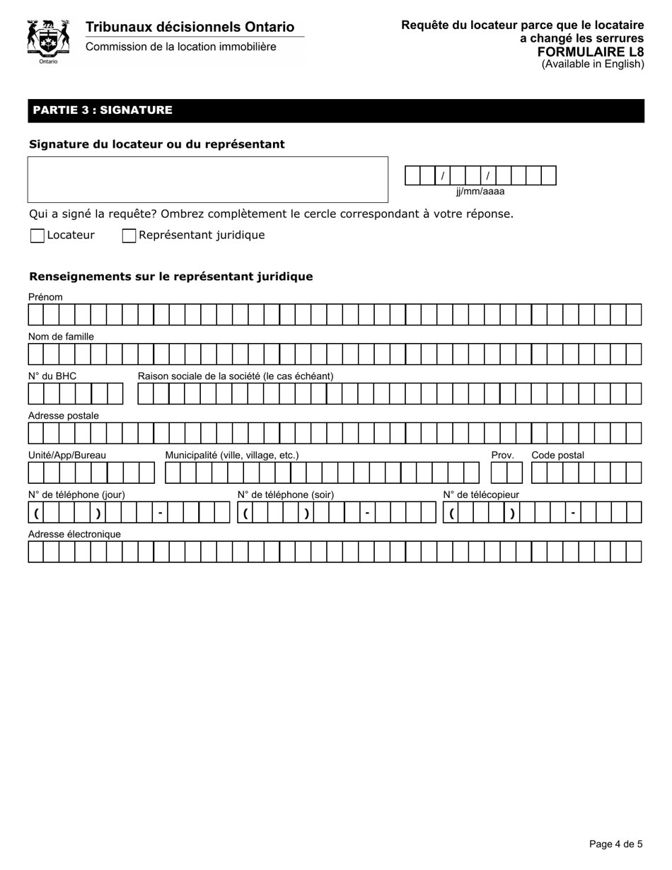 Forme L8 Requete Du Locateur Parce Que Le Locataire a Change Les Serrures - Ontario, Canada (French), Page 5