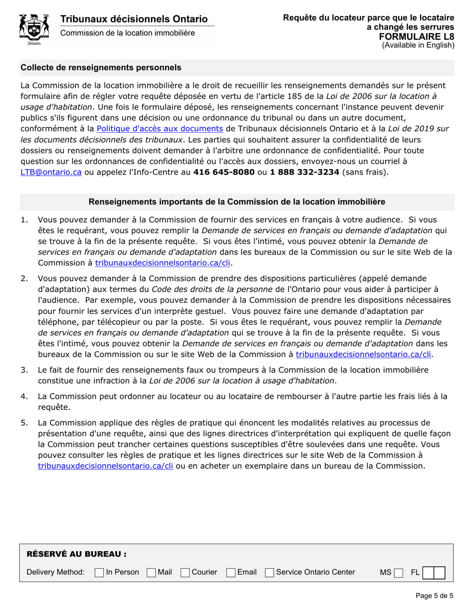 Forme L8 Requete Du Locateur Parce Que Le Locataire a Change Les Serrures - Ontario, Canada (French), Page 6