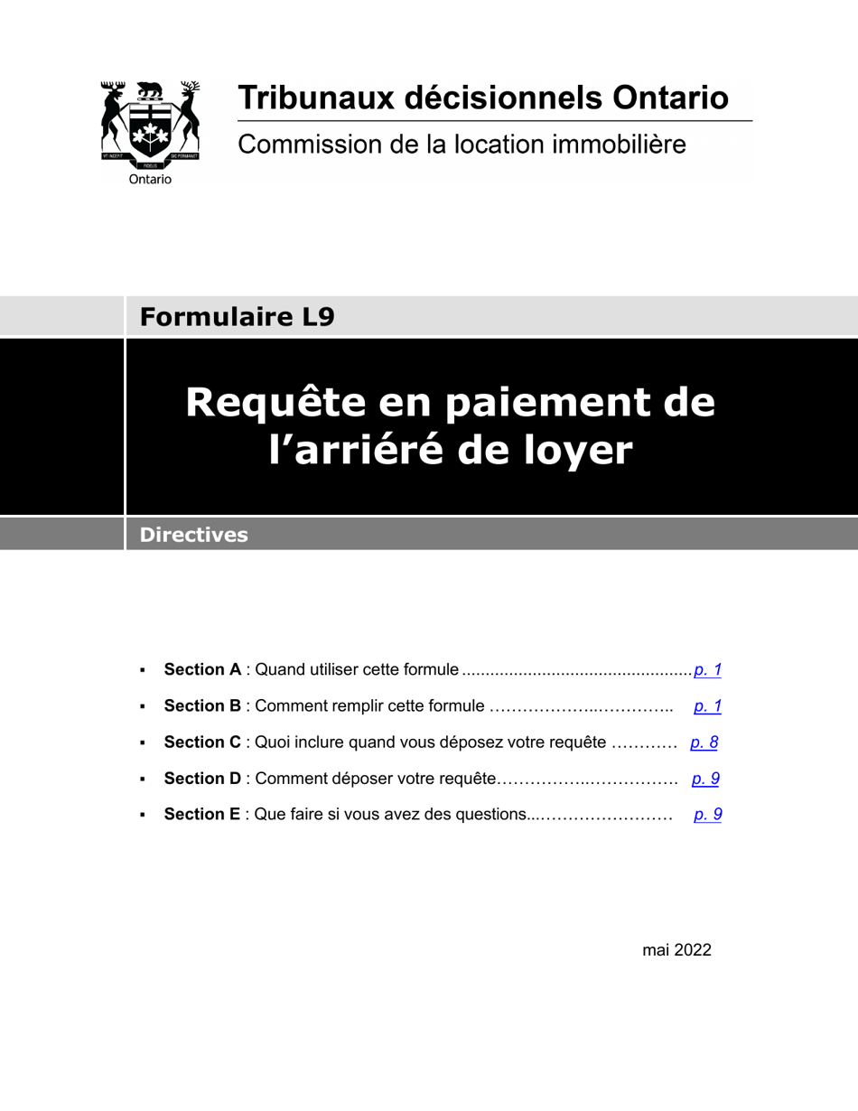 Instruction pour Forme L9 Requete En Paiement De Larriere De Loyer - Ontario, Canada (French), Page 1