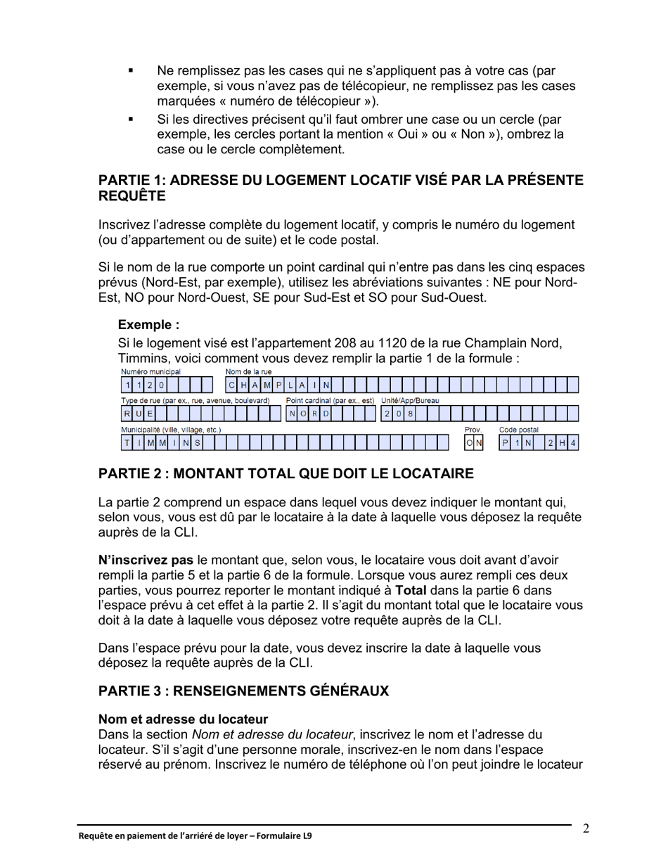 Instruction pour Forme L9 Requete En Paiement De Larriere De Loyer - Ontario, Canada (French), Page 3