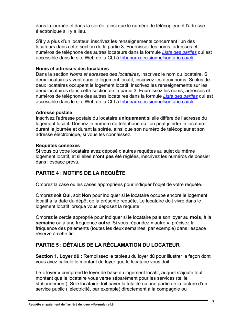 Instruction pour Forme L9 Requete En Paiement De Larriere De Loyer - Ontario, Canada (French), Page 4