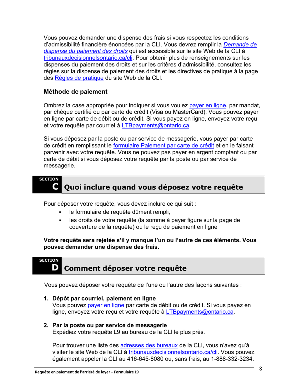Instruction pour Forme L9 Requete En Paiement De Larriere De Loyer - Ontario, Canada (French), Page 9