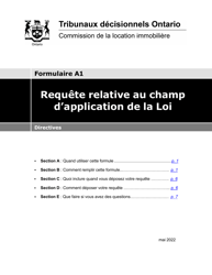Instruction pour Forme A1 Requete Relative Au Champ D&#039;application De La Loi - Ontario, Canada (French)