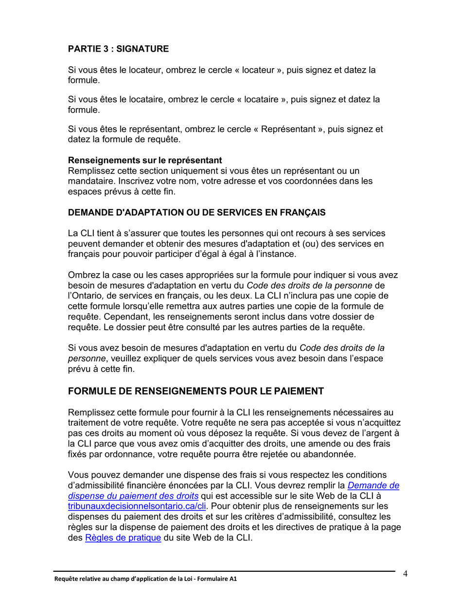 Instruction pour Forme A1 Requete Relative Au Champ Dapplication De La Loi - Ontario, Canada (French), Page 5