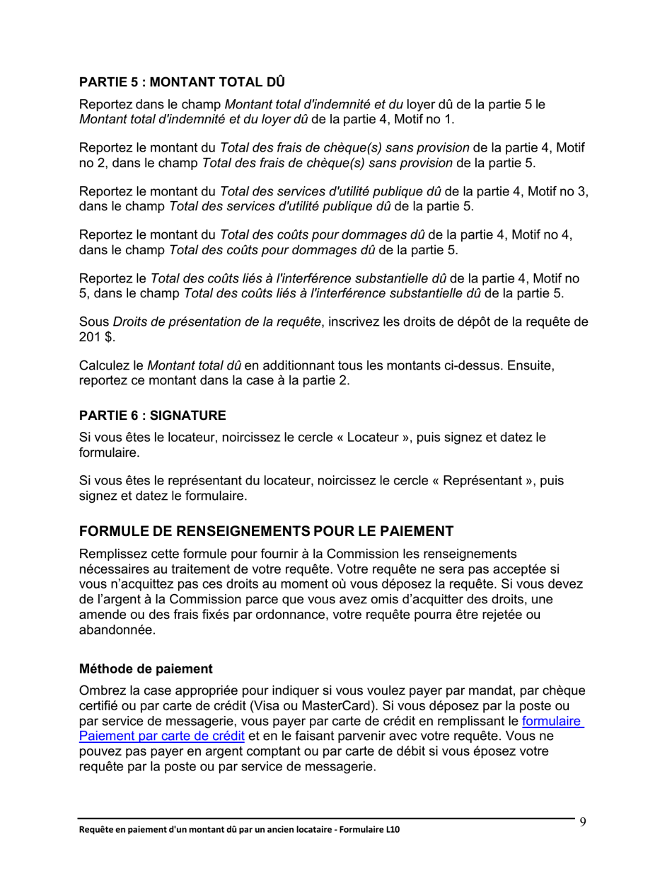 Instruction pour Forme L10 Requete En Paiement Dun Montant Du Par Un Ancien Locataire - Ontario, Canada (French), Page 10