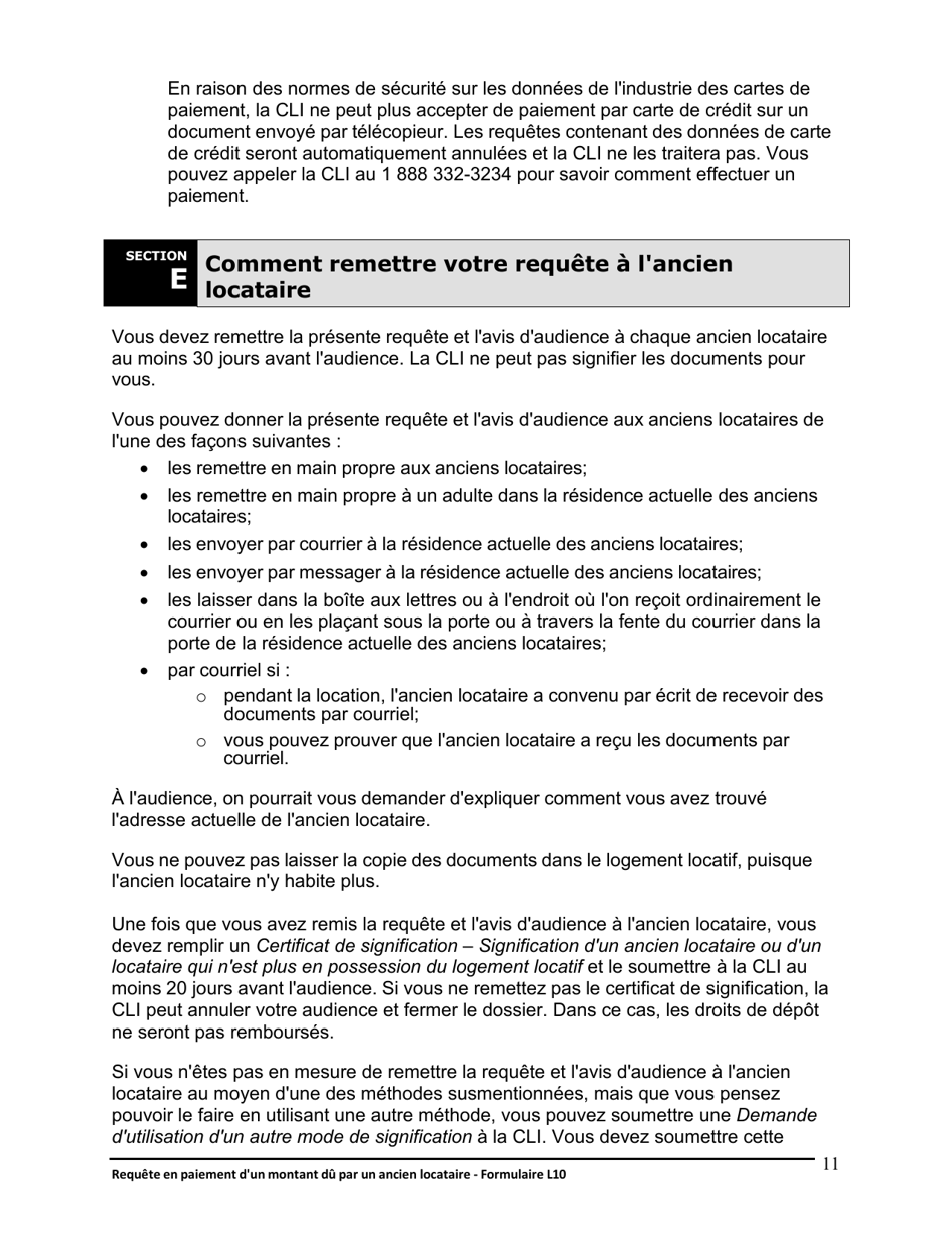 Instruction pour Forme L10 Requete En Paiement Dun Montant Du Par Un Ancien Locataire - Ontario, Canada (French), Page 12