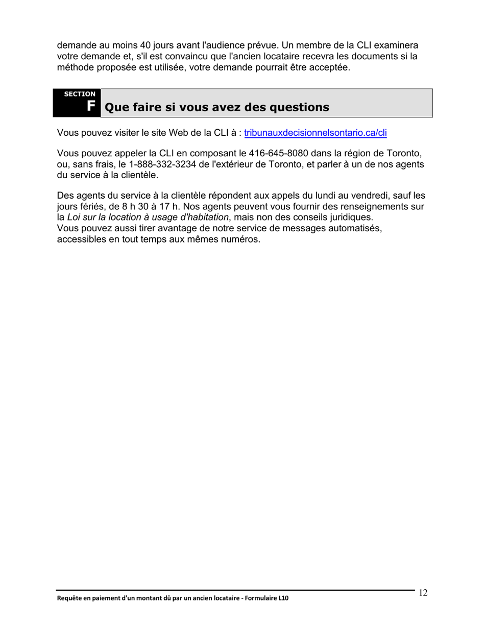 Instruction pour Forme L10 Requete En Paiement Dun Montant Du Par Un Ancien Locataire - Ontario, Canada (French), Page 13