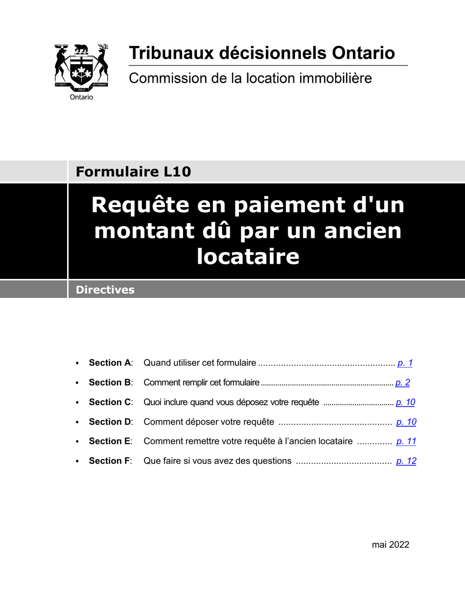 Instruction pour Forme L10 Requete En Paiement Dun Montant Du Par Un Ancien Locataire - Ontario, Canada (French), Page 1