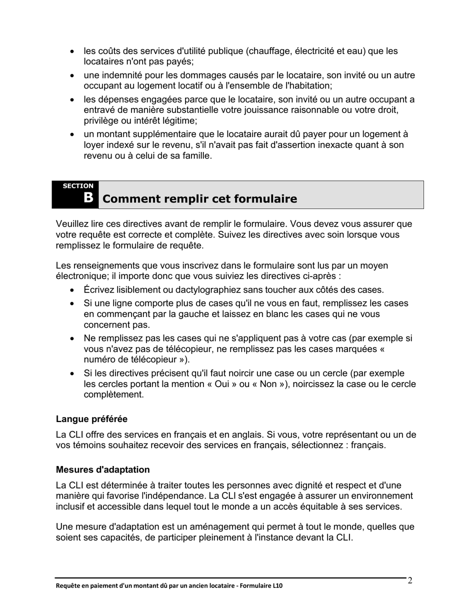 Instruction pour Forme L10 Requete En Paiement Dun Montant Du Par Un Ancien Locataire - Ontario, Canada (French), Page 3