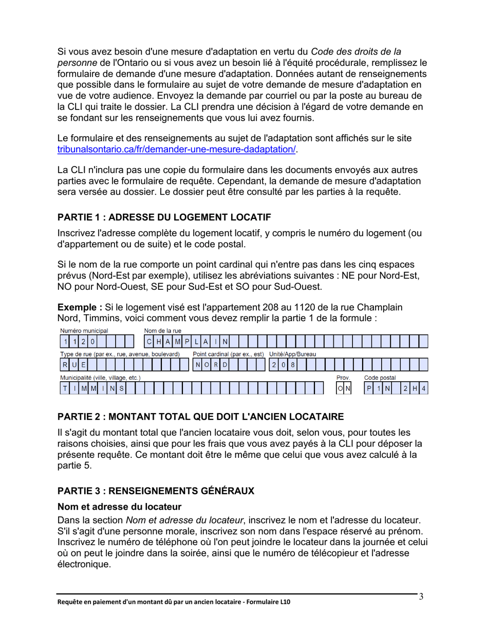 Instruction pour Forme L10 Requete En Paiement Dun Montant Du Par Un Ancien Locataire - Ontario, Canada (French), Page 4