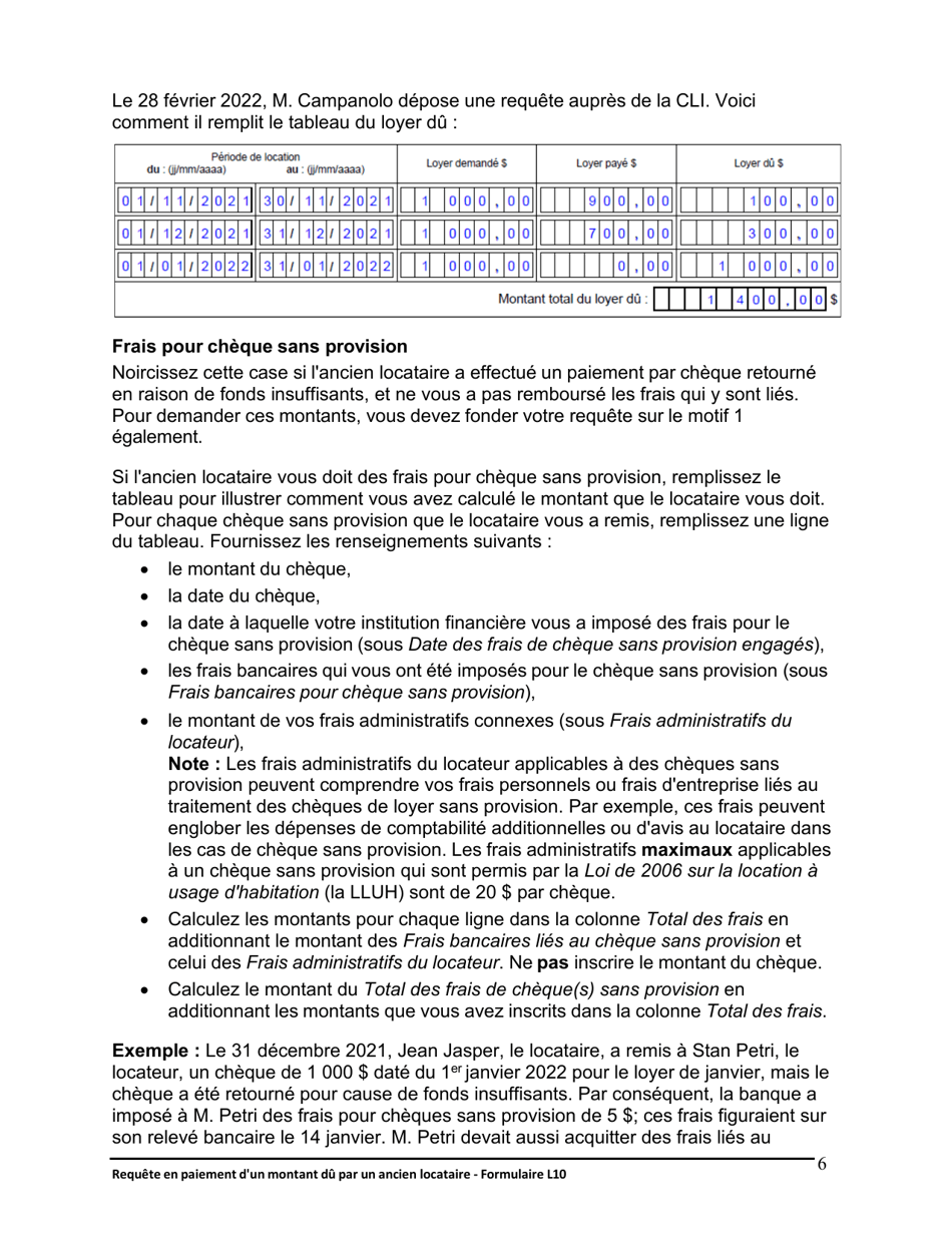 Instruction pour Forme L10 Requete En Paiement Dun Montant Du Par Un Ancien Locataire - Ontario, Canada (French), Page 7