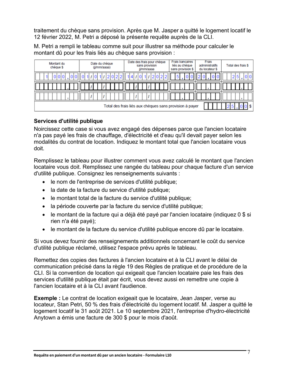 Instruction pour Forme L10 Requete En Paiement Dun Montant Du Par Un Ancien Locataire - Ontario, Canada (French), Page 8