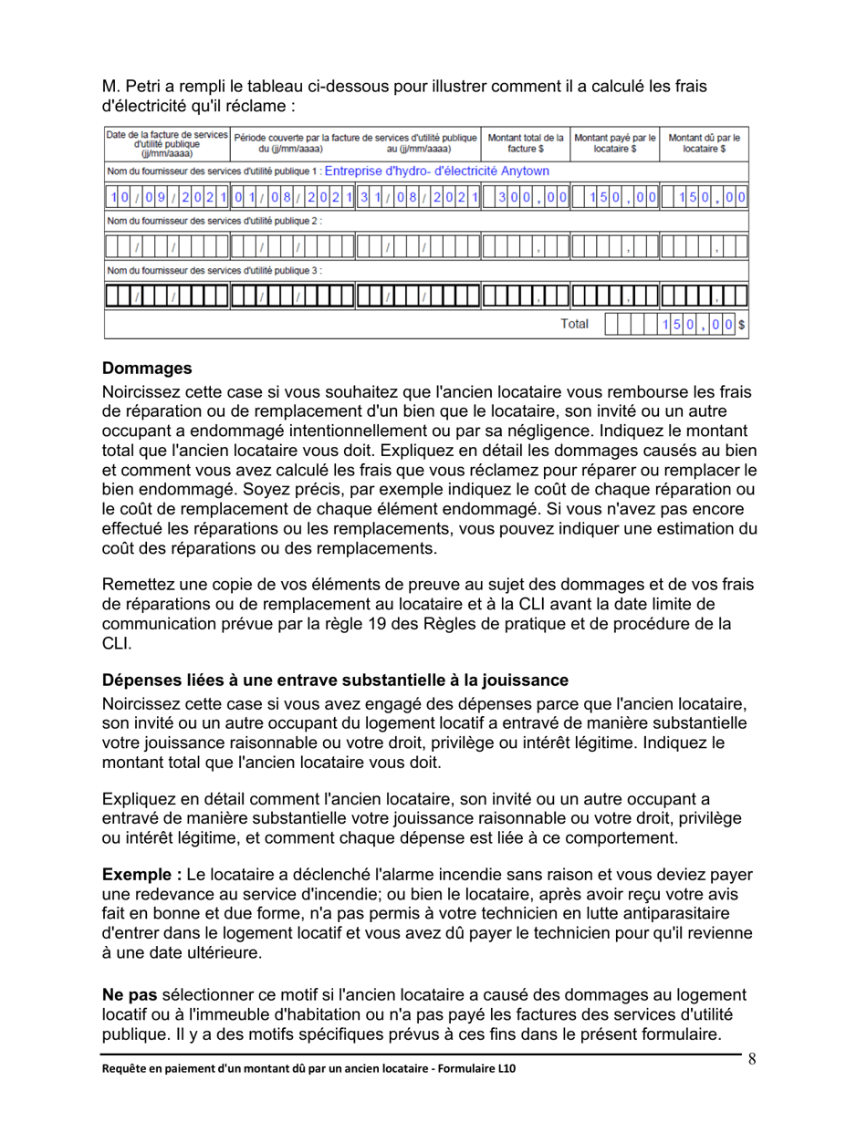 Instruction pour Forme L10 Requete En Paiement Dun Montant Du Par Un Ancien Locataire - Ontario, Canada (French), Page 9
