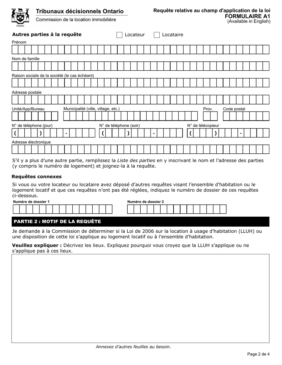 Forme A1 Requete Relative Au Champ Dapplication De La Loi - Ontario, Canada (French), Page 3