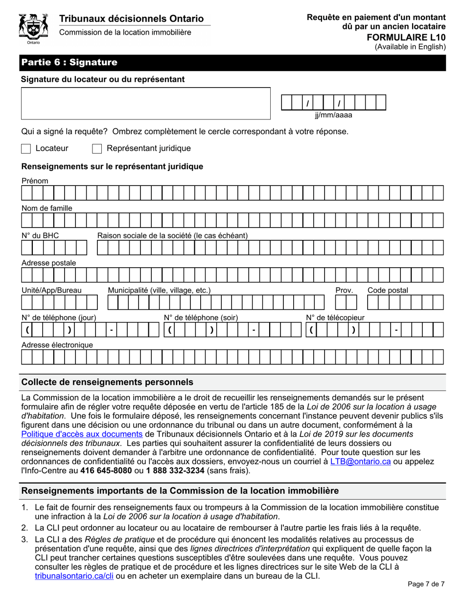 Forme L10 Requete En Paiement Dun Montant Du Par Un Ancien Locataire - Ontario, Canada (French), Page 10