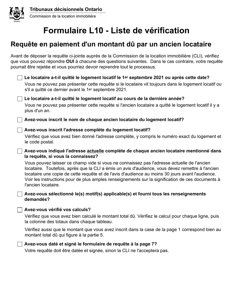 Forme L10 Requete En Paiement Dun Montant Du Par Un Ancien Locataire - Ontario, Canada (French), Page 1