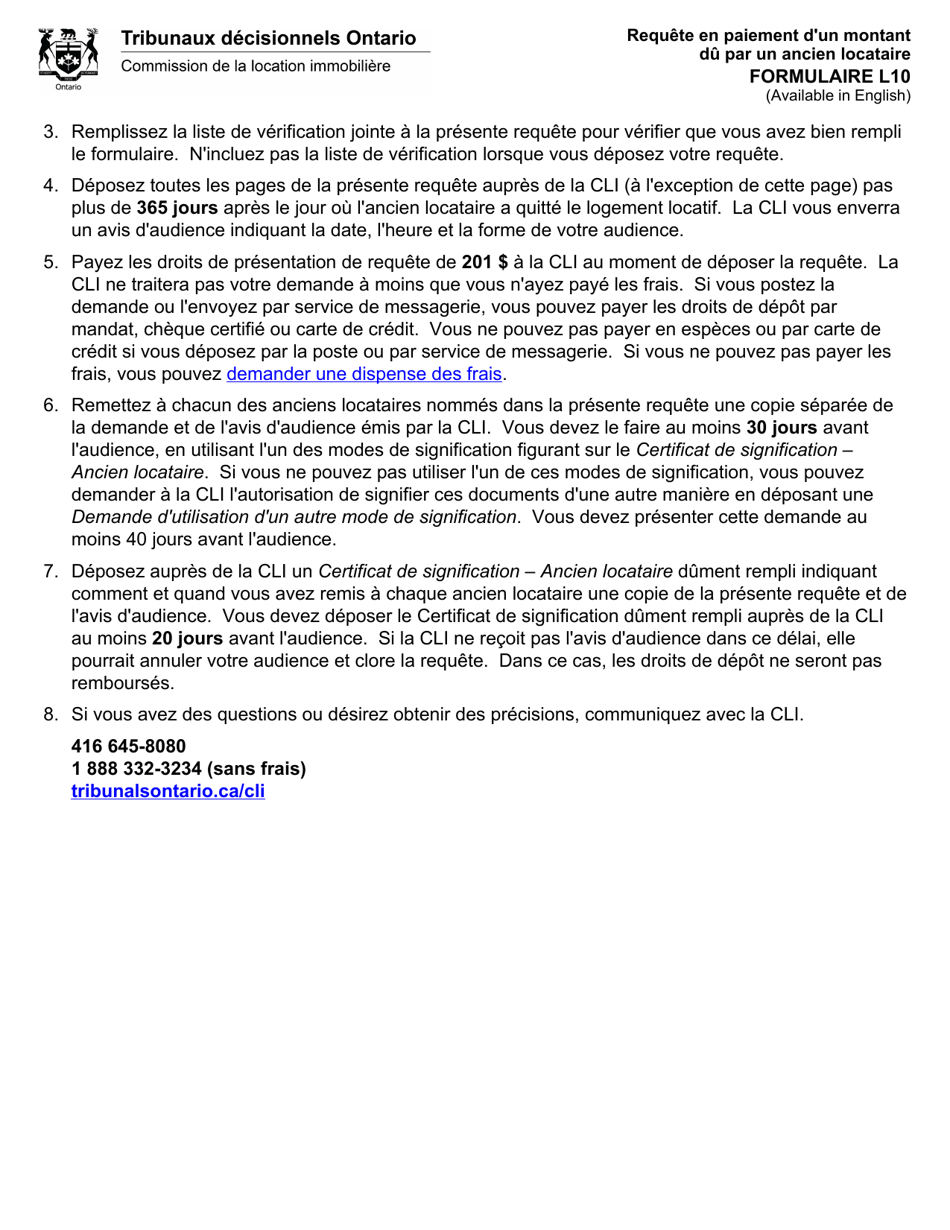 Forme L10 Requete En Paiement Dun Montant Du Par Un Ancien Locataire - Ontario, Canada (French), Page 3